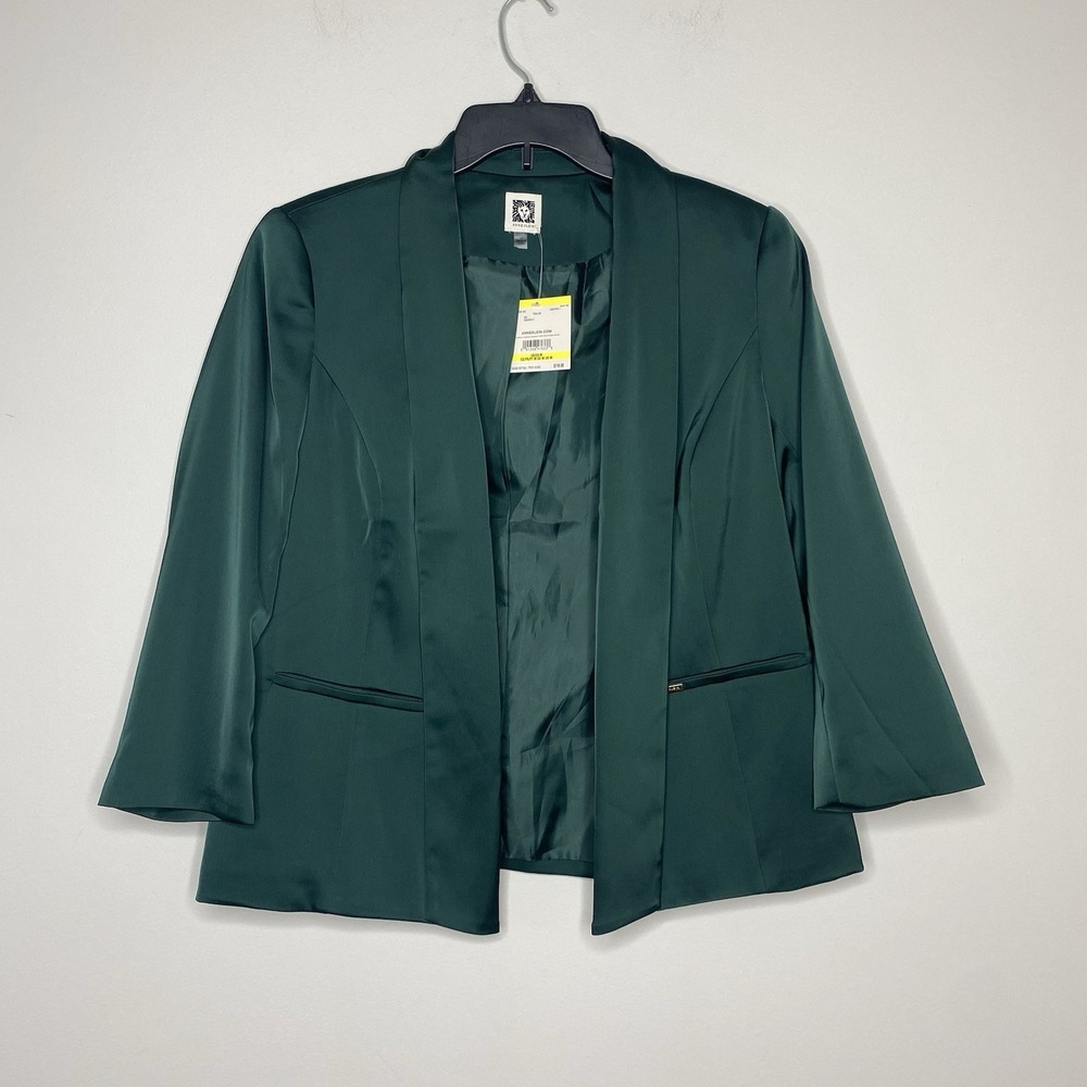 Anne Klein Womens Sz M Open Front Blazer Satin Emerald Green Shawl Collar Jacket